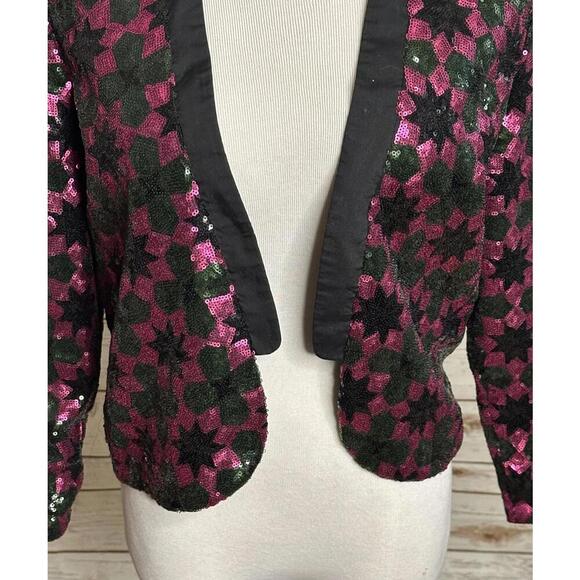 ASOS fuchsia/green geometric sequin open tuxedo jacket Size 8 - Picture 3 of 7
